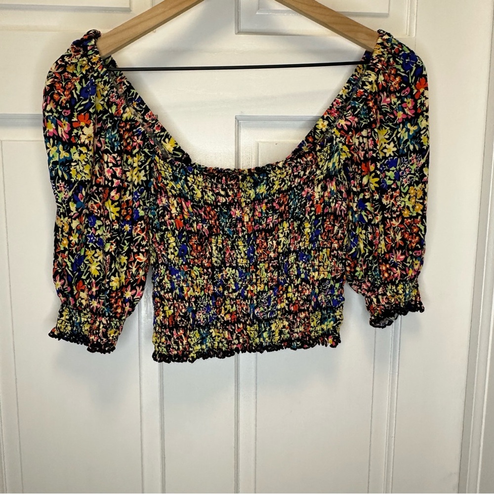 Urban Outfitters Colorful Floral Smocked Cropped‎ Blouse
